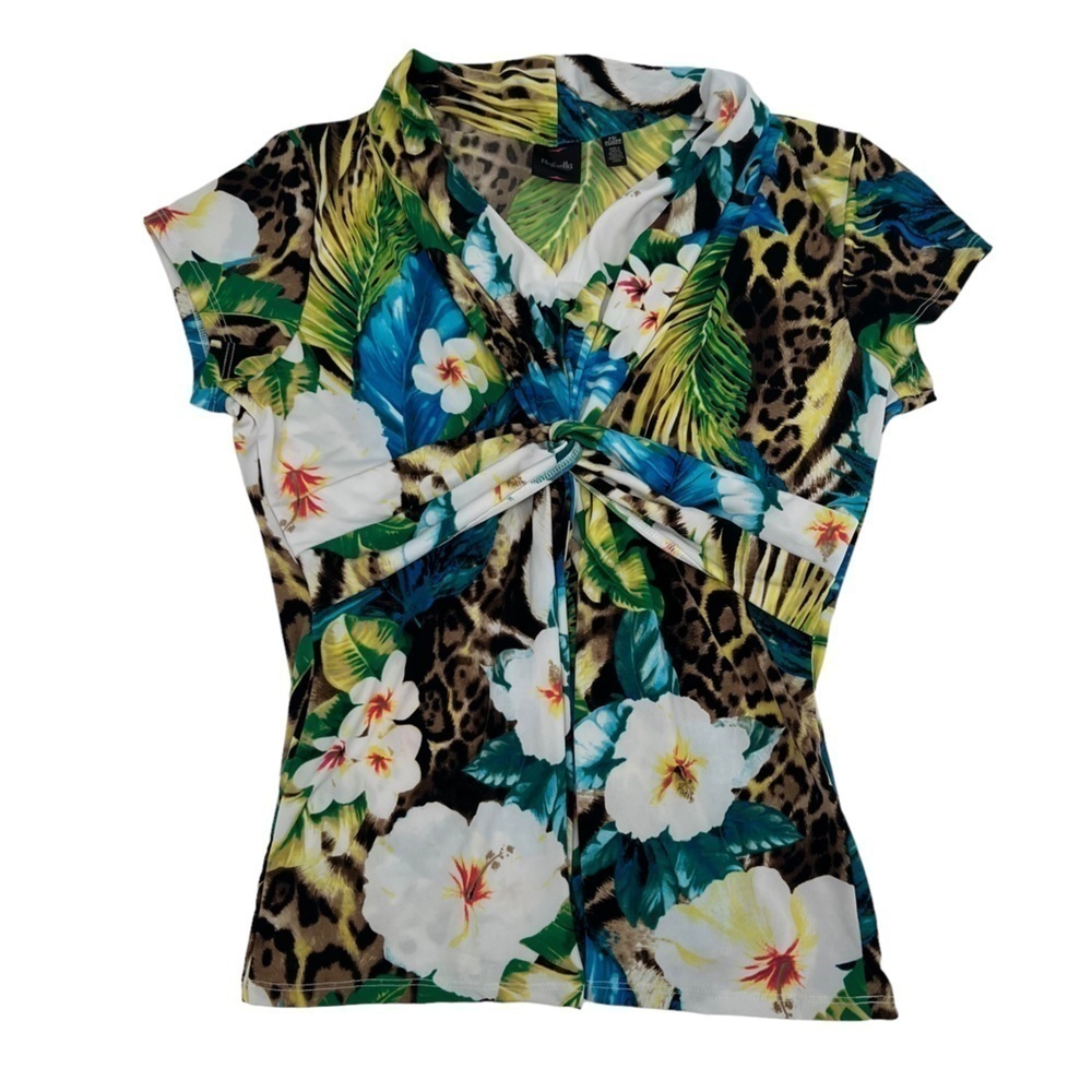Rafaella Floral Animal Print Peplum Short Sleeve Blouse Size Petite SM Women’s